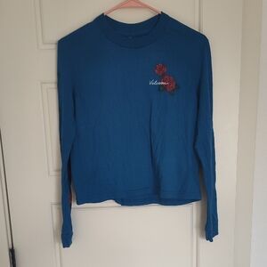 Volcom Blue Crop Top with Red Floral Embroidery